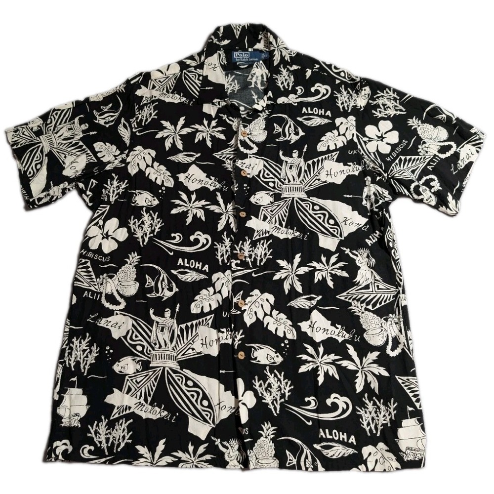 Polo Ralph Lauren Hawaiian Shirt Mens XL Kamehameha Aloha Viscose Black Cream